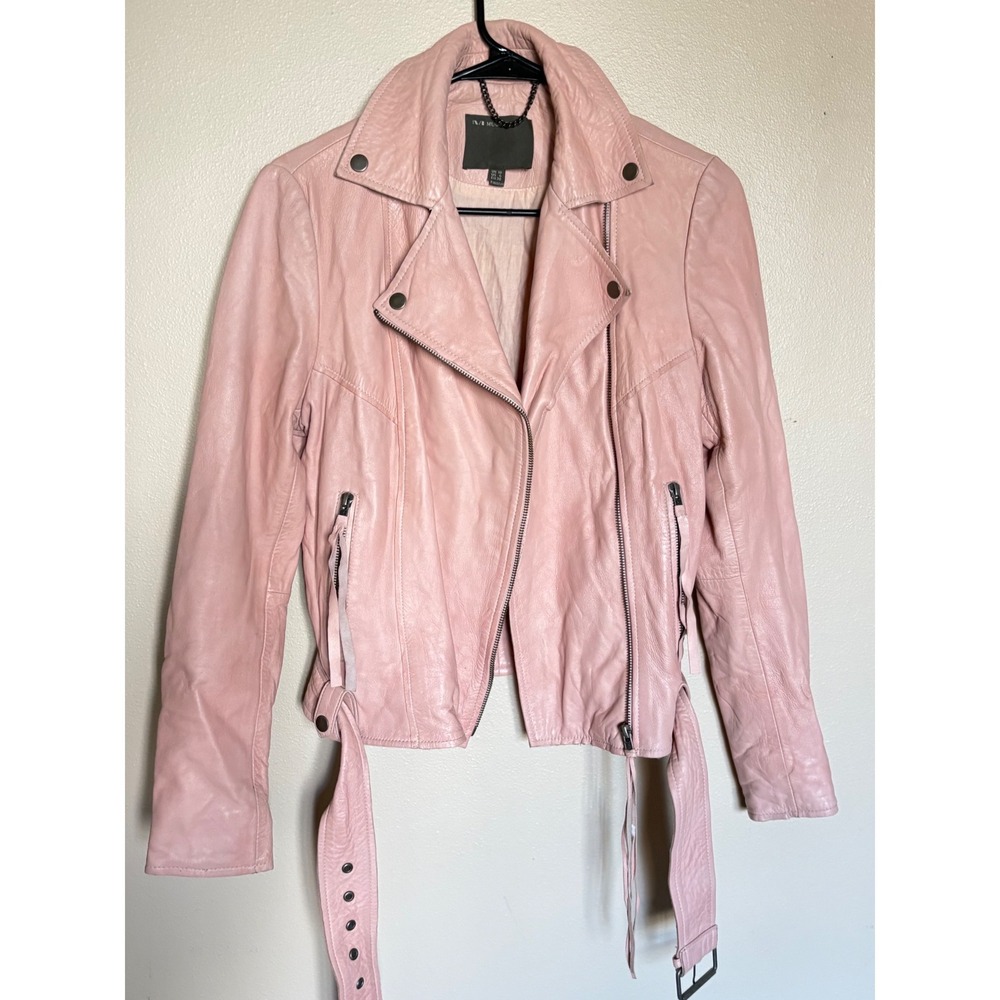 Muubaa‎ Biker Jacket Leather Slim Fit Belted Moto Blush Pink Casual Night Out
